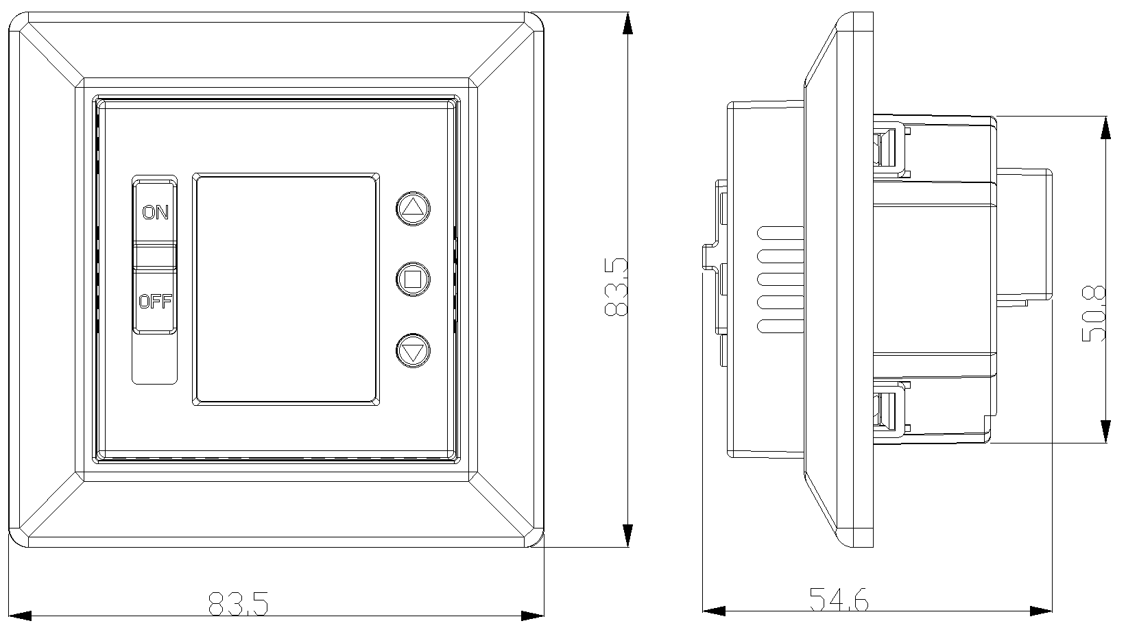 Mechanical drawing of the thermostat: front view 83.5 × 83.5 mm and side view 54.6 mm depth