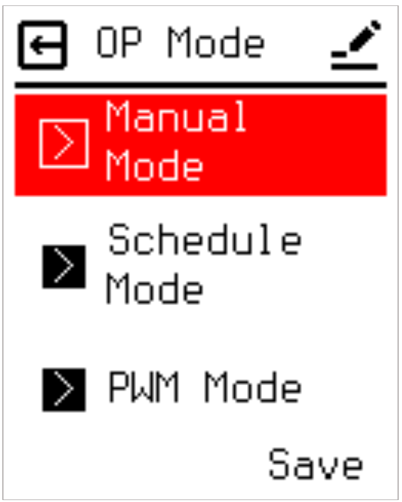 Operation Mode selection screen: Manual, Schedule, PWM