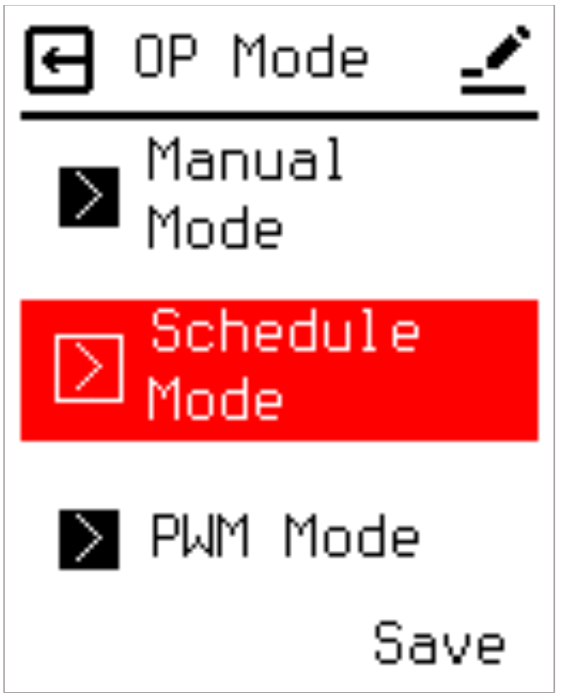 Schedule Mode menu screens