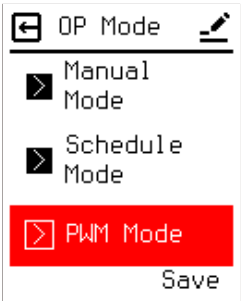 PWM Mode menu screens