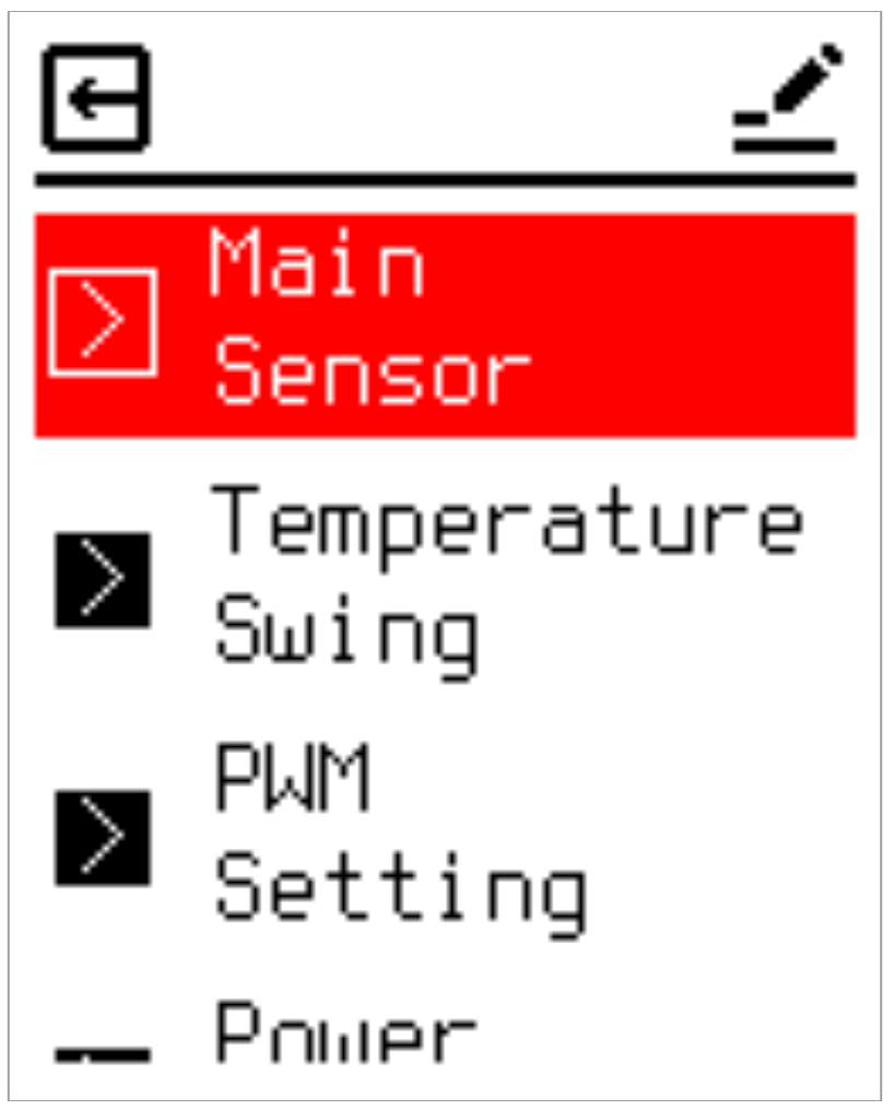 Main Sensor Selection menu