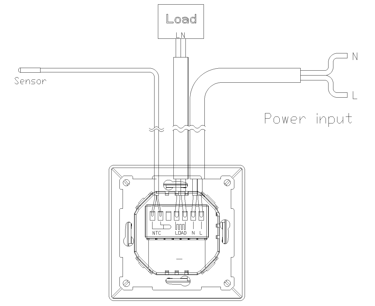 Wiring diagram: mains input, heating load output and external NTC floor sensor