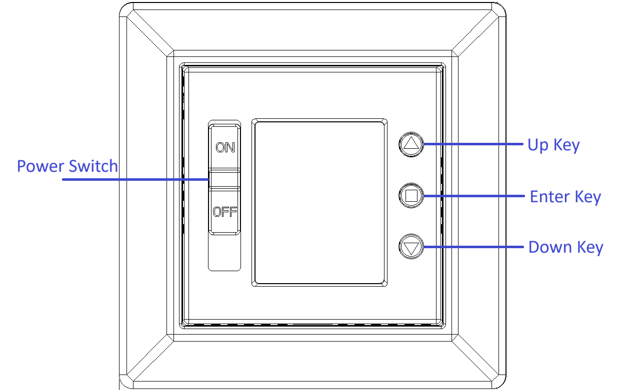 Front panel with Up, Enter and Down keys and the power switch