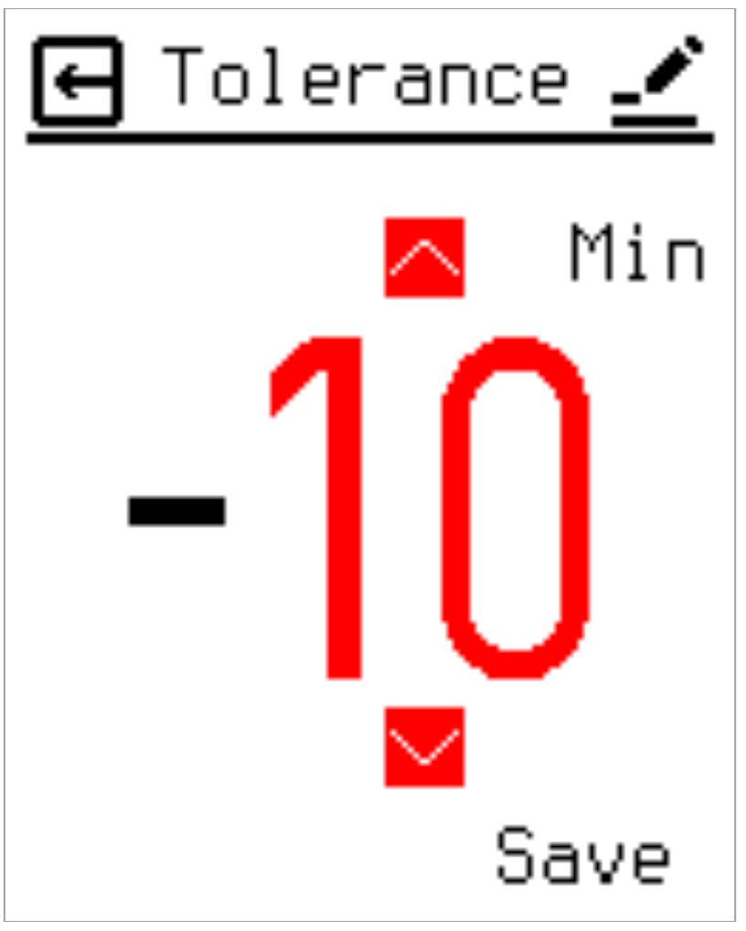 Tolerance setting screen showing the offset in minutes